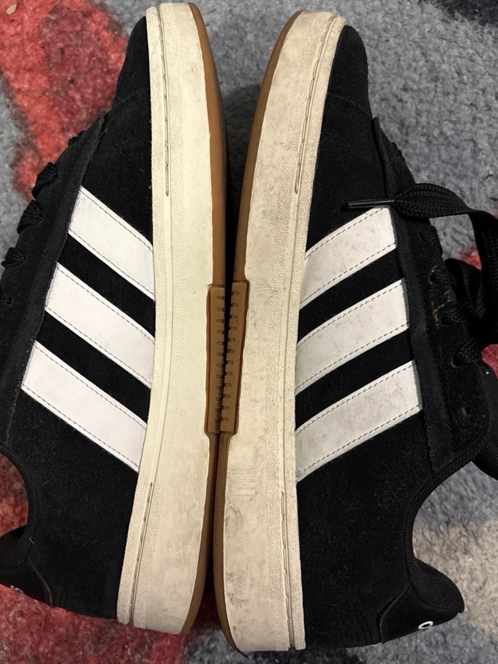 adidas Black Suede Sneakers with White Stripes and Gum Sole